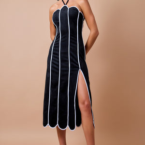 Black Suede Contrast Scalloped Panel Halter Midi Dress With Slit