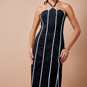 Black Suede Contrast Scalloped Panel Halter Midi Dress With Slit