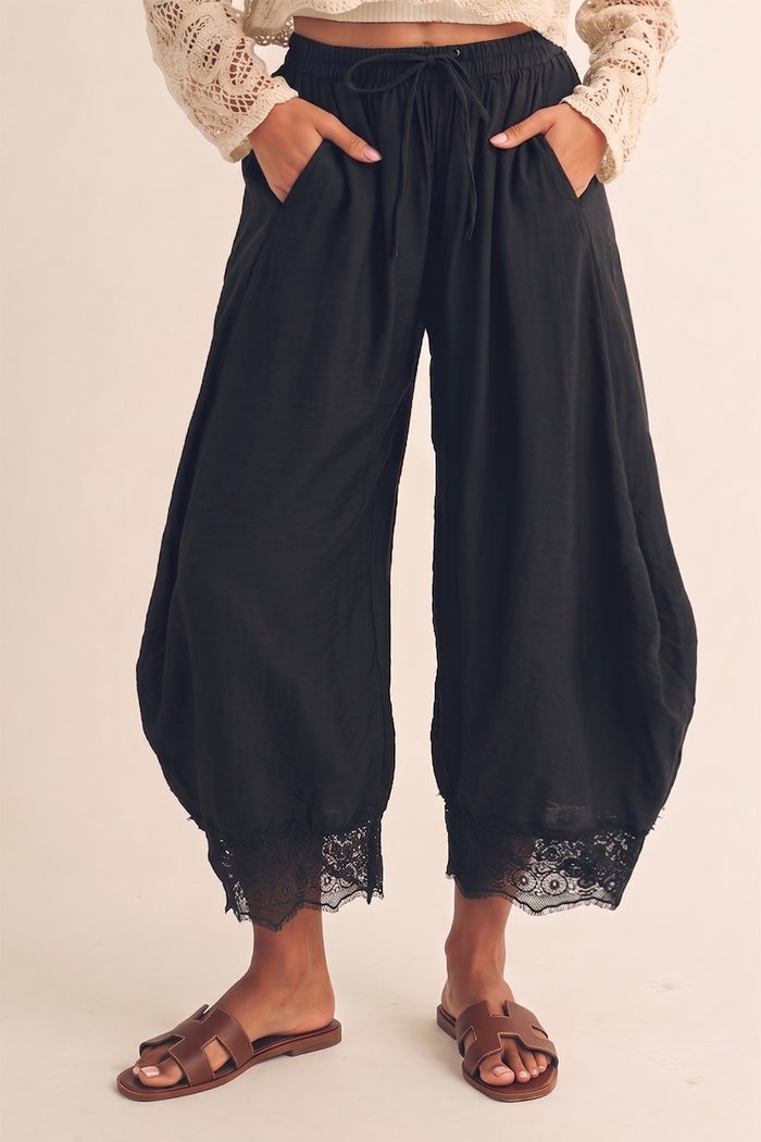 Black Boho Lace Trim Barrel Balloon Pants