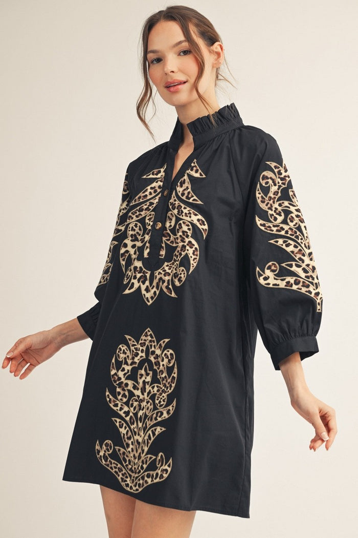 Leopard Contrast Baroque Applique Detail Dress
