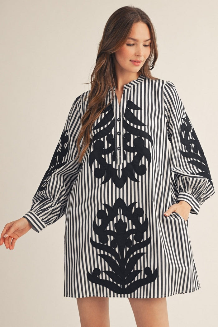 Black Baroque Applique Detail Stripe Dress