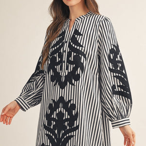 Black Baroque Applique Detail Stripe Dress