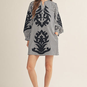 Black Baroque Applique Detail Stripe Dress