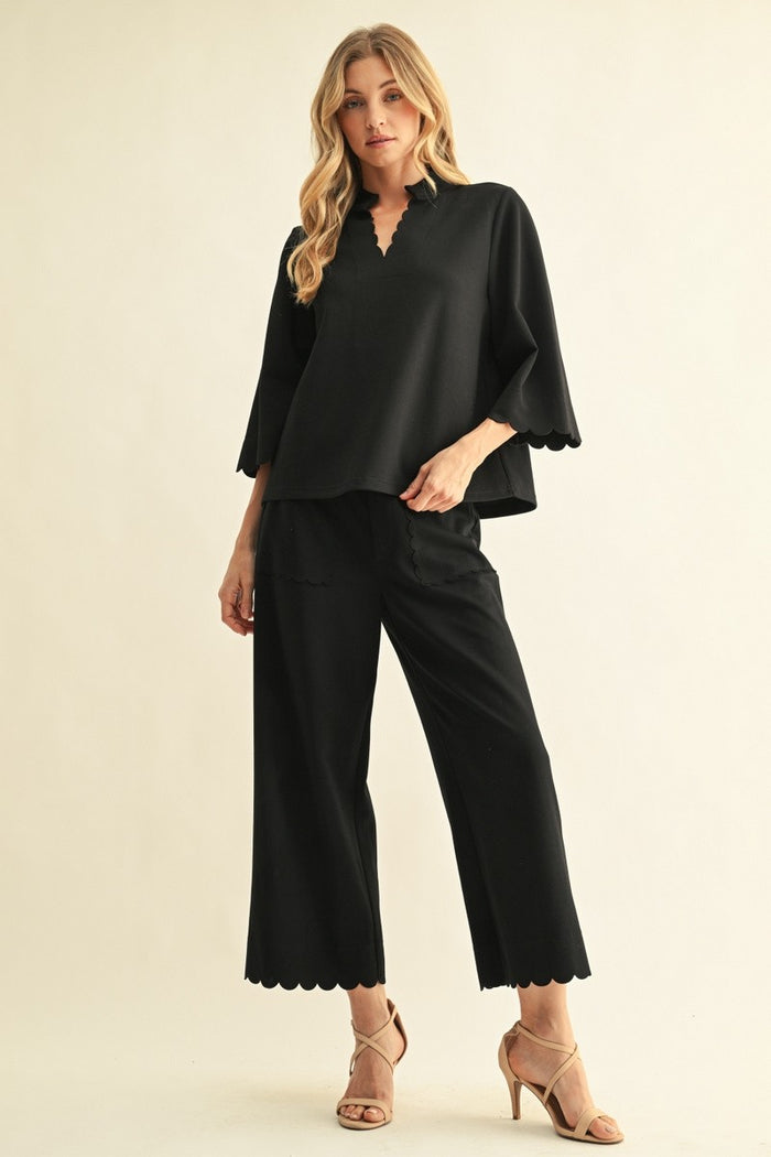 Black Scallop Edge Solid Dressy Pants