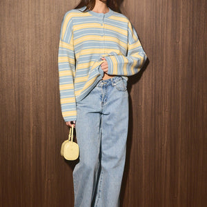 Striped Crew Neck Button Front Knit Cardigan