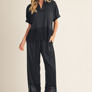 Black Lace Hem Detail Solid Satin Top