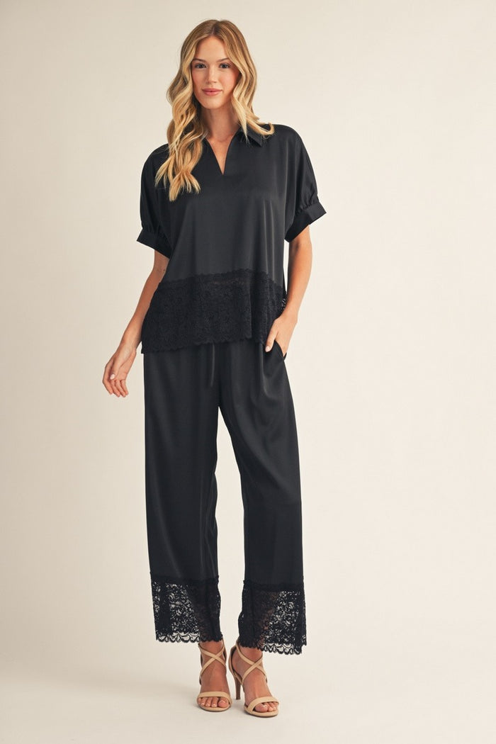 Black Lace Hem Detail Solid Satin Pants