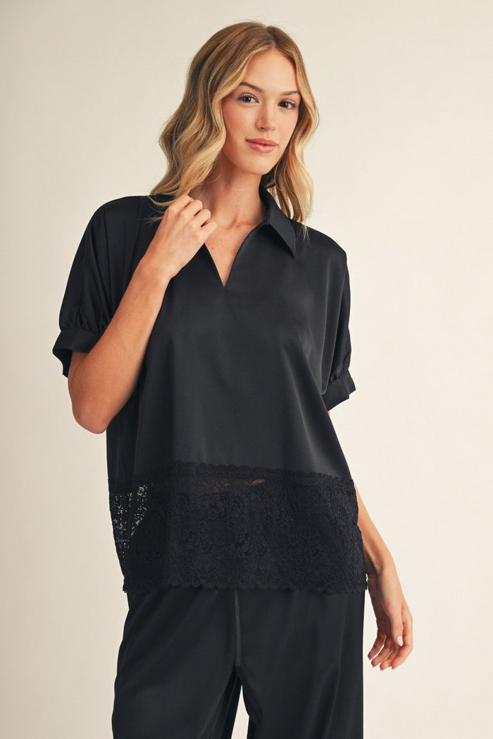 Black Lace Hem Detail Solid Satin Top