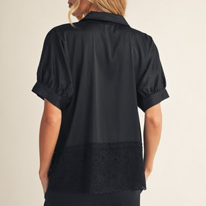 Black Lace Hem Detail Solid Satin Top