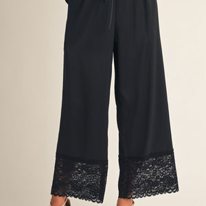 Black Lace Hem Detail Solid Satin Pants