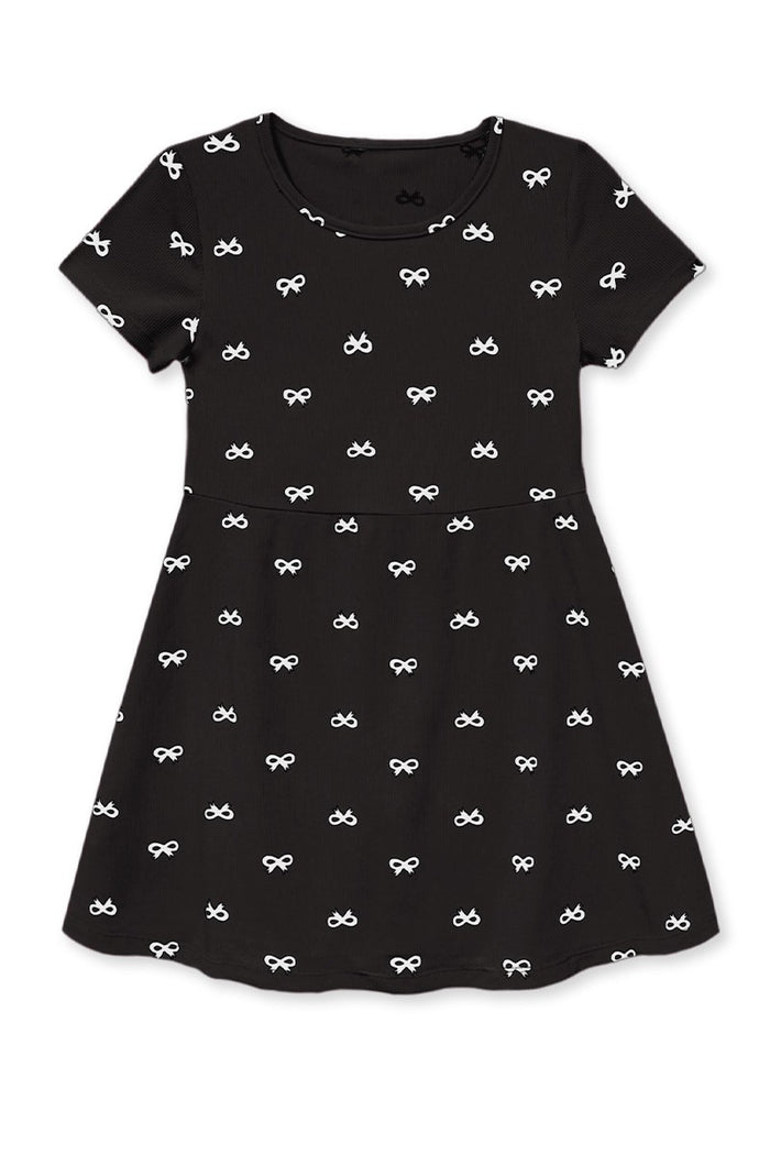 Black Tween Girl's Skater S/s Dress W/bow Print