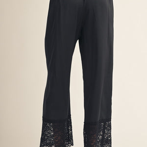 Black Lace Hem Detail Solid Satin Pants