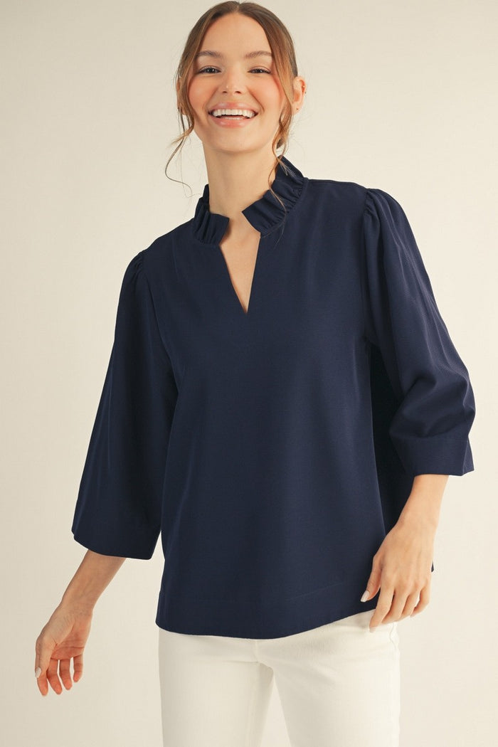 Navy Ruffled Neck Crinkle Solid Top