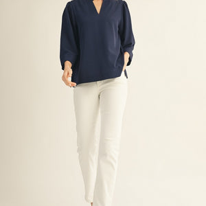 Navy Ruffled Neck Crinkle Solid Top