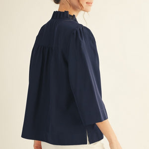 Navy Ruffled Neck Crinkle Solid Top