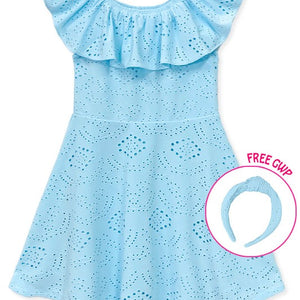 Girl's Eyelet Dress w/ Top Ruffle, Full Inner Lining & Matching headband