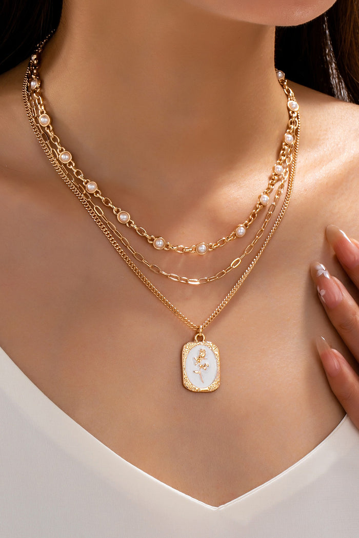 Layered Enamel Pearl &amp; Rose Tag Pendant Necklace