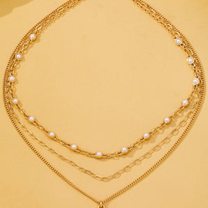 Layered Enamel Pearl &amp; Rose Tag Pendant Necklace