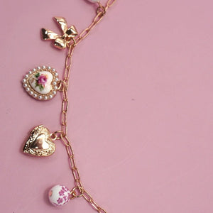 Pink Ceramic Porcelain Bow Heart Locket Multi-Charm Link Chain Necklace
