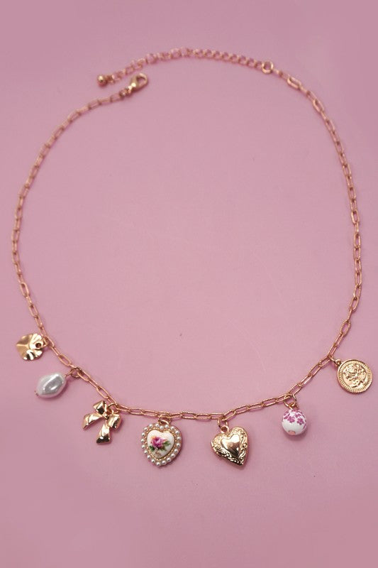 Pink Ceramic Porcelain Bow Heart Locket Multi-Charm Link Chain Necklace