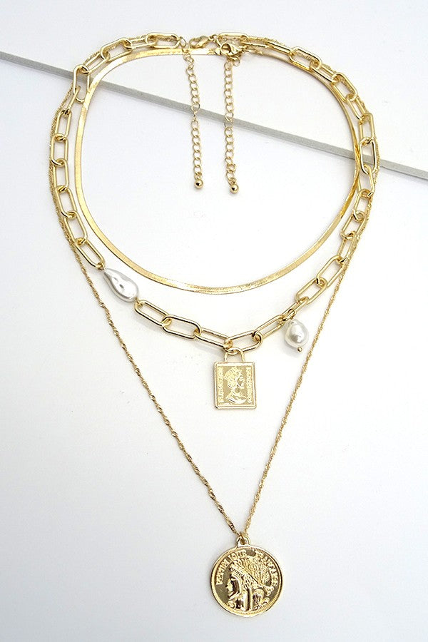 3 Layer Snake Link Chain Coin Pendant Neck