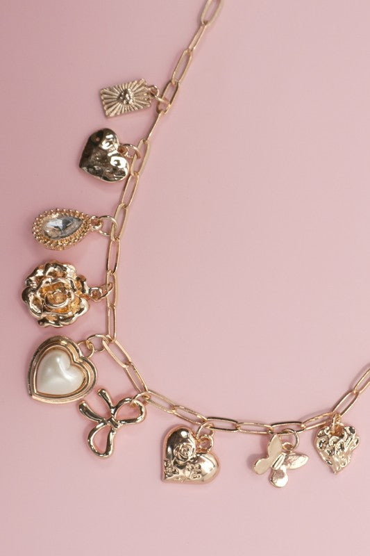 Charm Necklace-bow Heart Rhinestone Flower