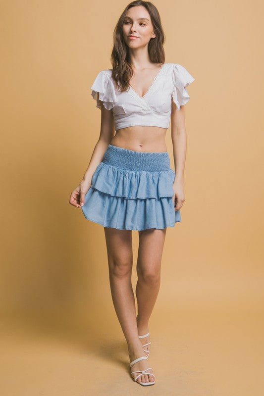 Shirred Waist Mini Skirt Light blue denim
