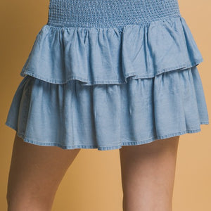 Shirred Waist Mini Skirt Light blue denim