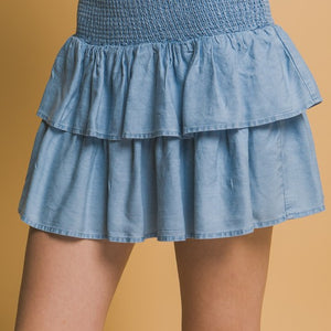 Shirred Waist Mini Skirt Light blue denim