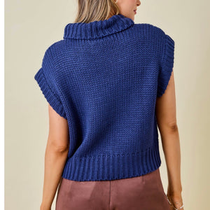 Navy Sleeveless Cropped Turtleneck Knit Sweater Top