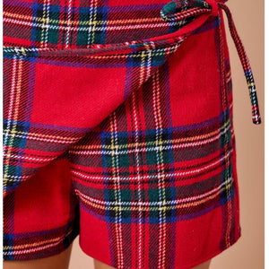 Holiday Christmas Wrap Front Plaid Mini Skort With Ties