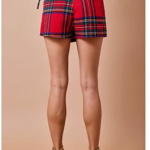 Holiday Christmas Wrap Front Plaid Mini Skort With Ties