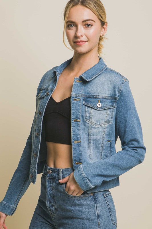 Distressed Button Up Stretchy Cotton Denim Jacket