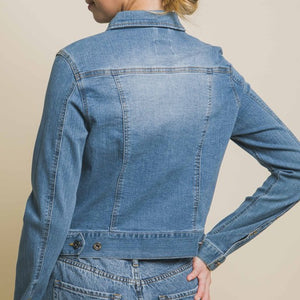 Distressed Button Up Stretchy Cotton Denim Jacket