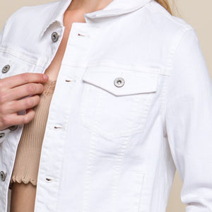 White Distressed Button Up Stretchy Cotton Denim Jacket