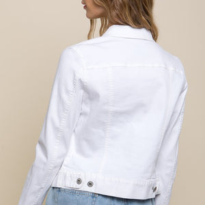 White Distressed Button Up Stretchy Cotton Denim Jacket