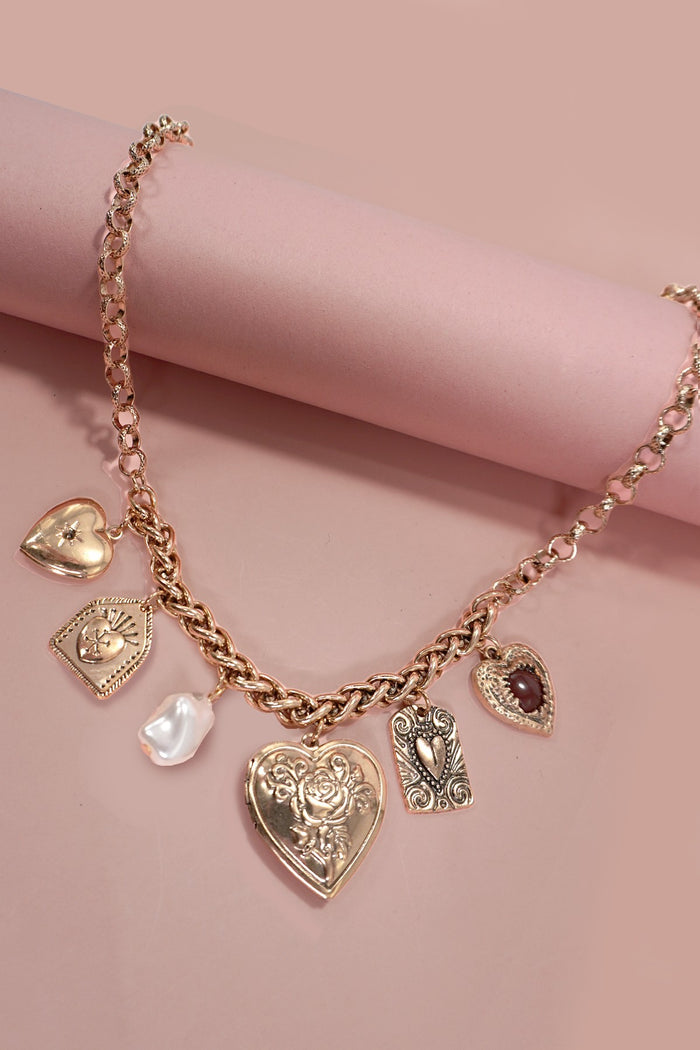 Charm Necklace-lockets Hearts Pearl Necklace