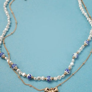 Ceramic Porcelain Pearl Bow Layer Necklace