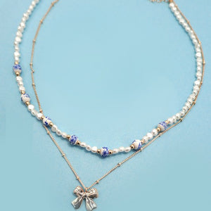 Ceramic Porcelain Pearl Bow Layer Necklace