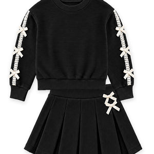Little Girl's Black Knit Ribbed Pullover & Skort Set 4-6