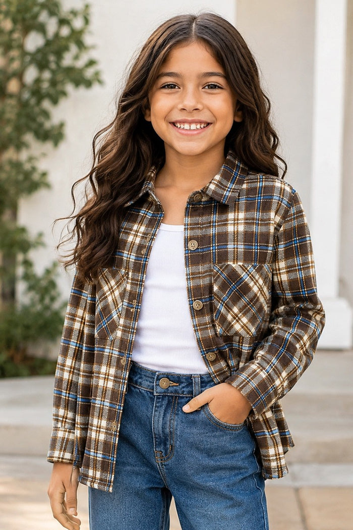 Tween Girl's Plaid Flannel Shirt W/ Double Pocket