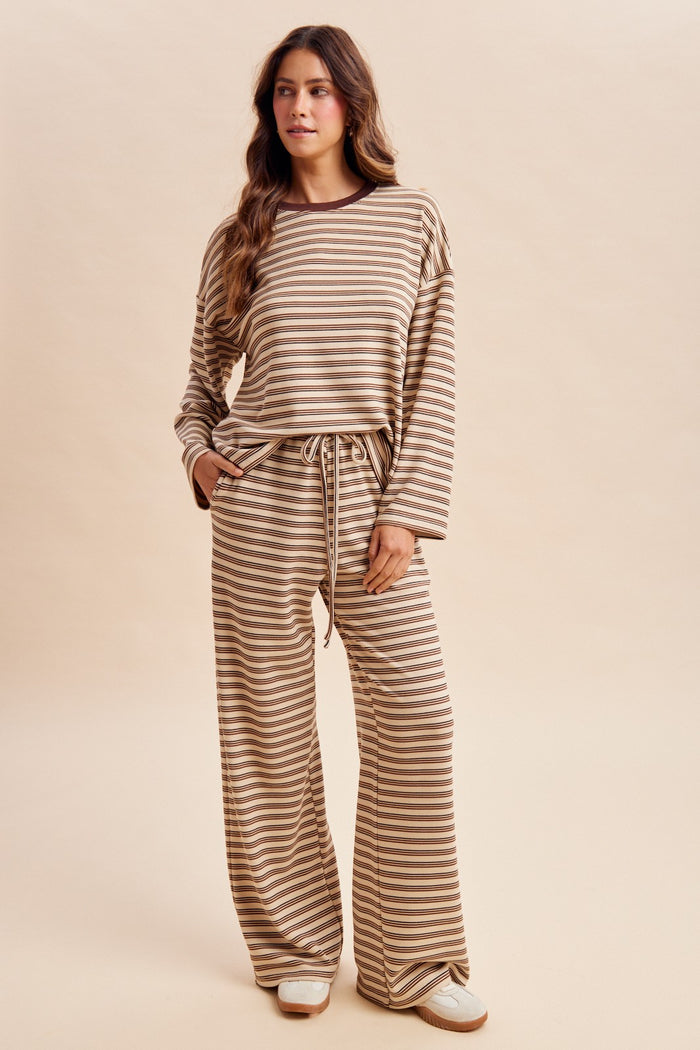 Taupe stripe Brushed Jersey Tee And Drawstring Waist Pants Set
