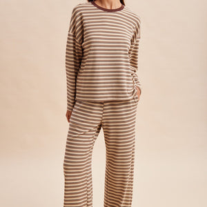 Taupe stripe Brushed Jersey Tee And Drawstring Waist Pants Set