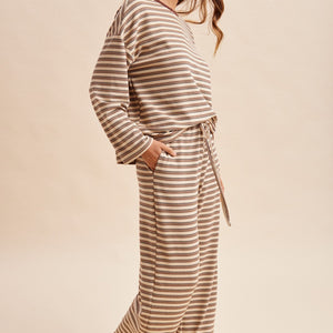 Taupe stripe Brushed Jersey Tee And Drawstring Waist Pants Set