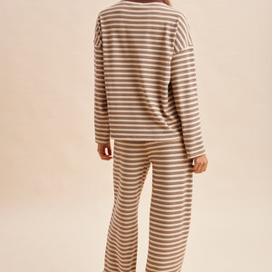 Taupe stripe Brushed Jersey Tee And Drawstring Waist Pants Set