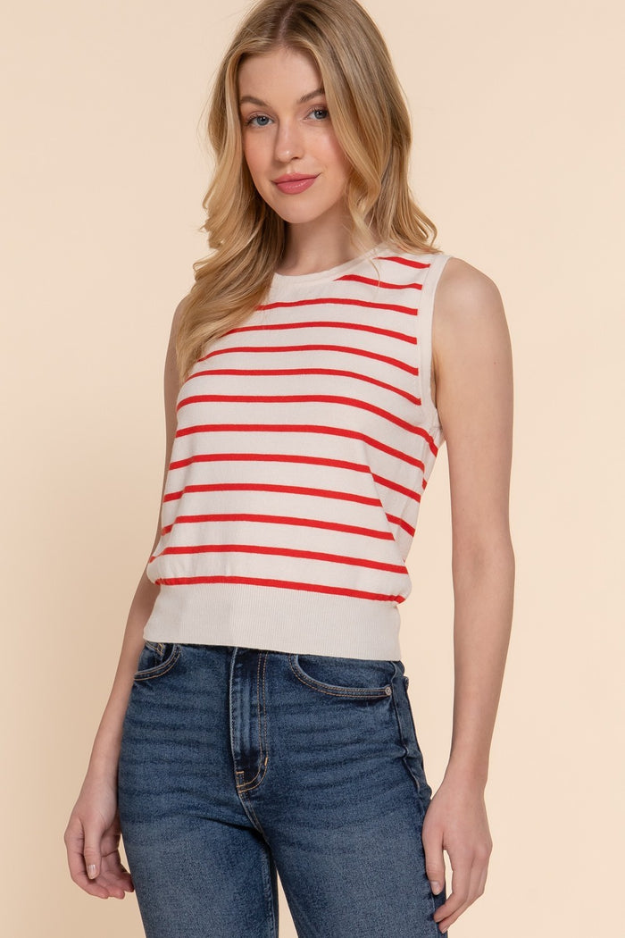 Red Sleeveless Round Neck Stripe Spring Sweater