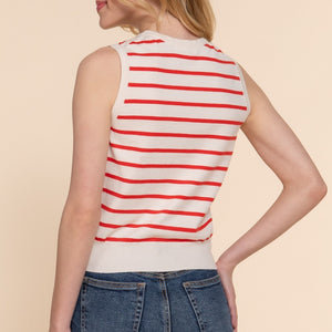 Red Sleeveless Round Neck Stripe Spring Sweater
