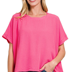 Woven Bubble Airflow Round Neck Short Sleeve Top, 2 Colors