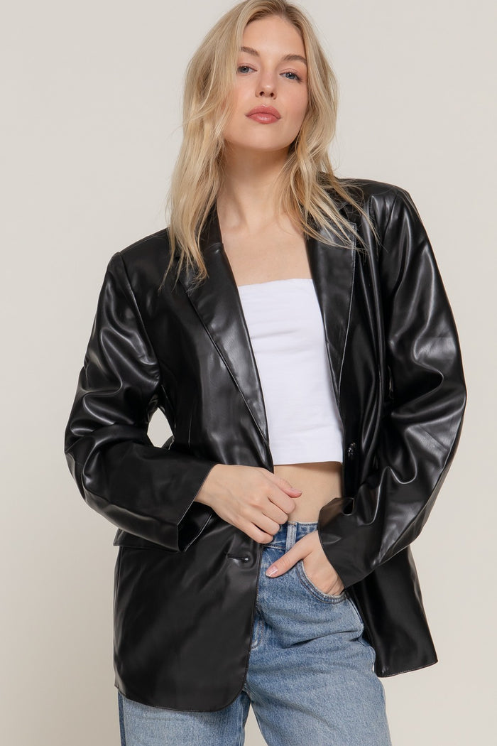 Long Slv Faux Leather Blazer