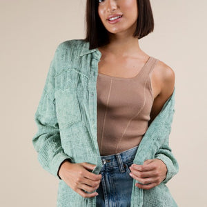 Sage Mineral Washed Gauze Button Down Shirt Top
